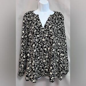 Old Navy Women's Long-Sleeve Split-Neck Top CG2 Black Floral‎ Sz XL NWT